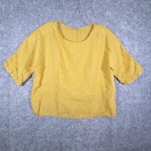 Gusy Women's Blouse Short Sleeve Pullover round neck Linen Yellow Size M classic